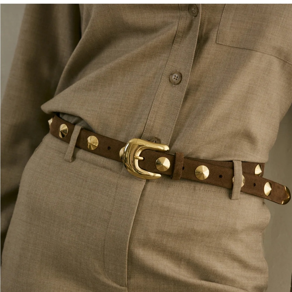 AUREUM Brown Suede Belt with Gold Studs and Buckle